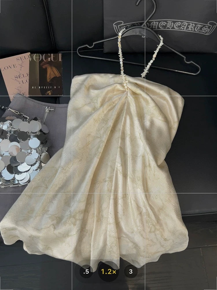 Satin texture tube top for women, beaded halter neck, irregular design, new summer retro national style vest