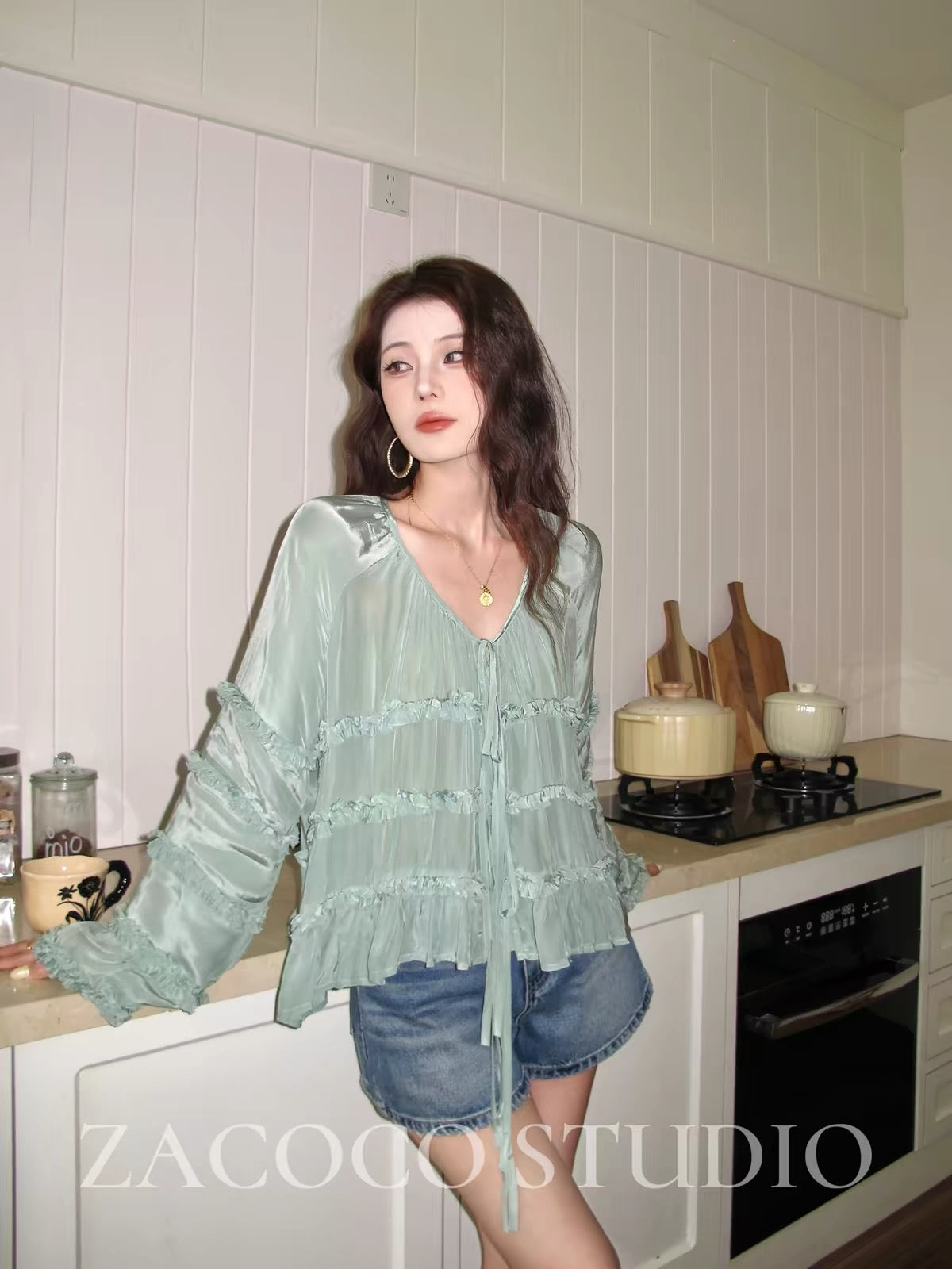 ZACOCO French-style green ruffled sun-protection shirt for women – 2026 new summer arrival featuring a sophisticated, stylish design.