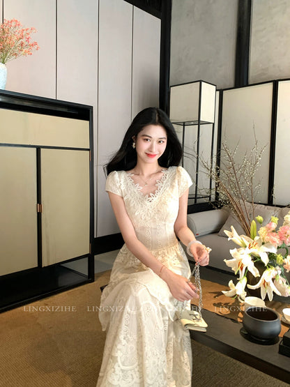 Ling Qian Zihe Moon Silk Dream '70% Cotton Lace Waist-cinching Dress Women' Spring/Summer French Style Cake Long Dress
