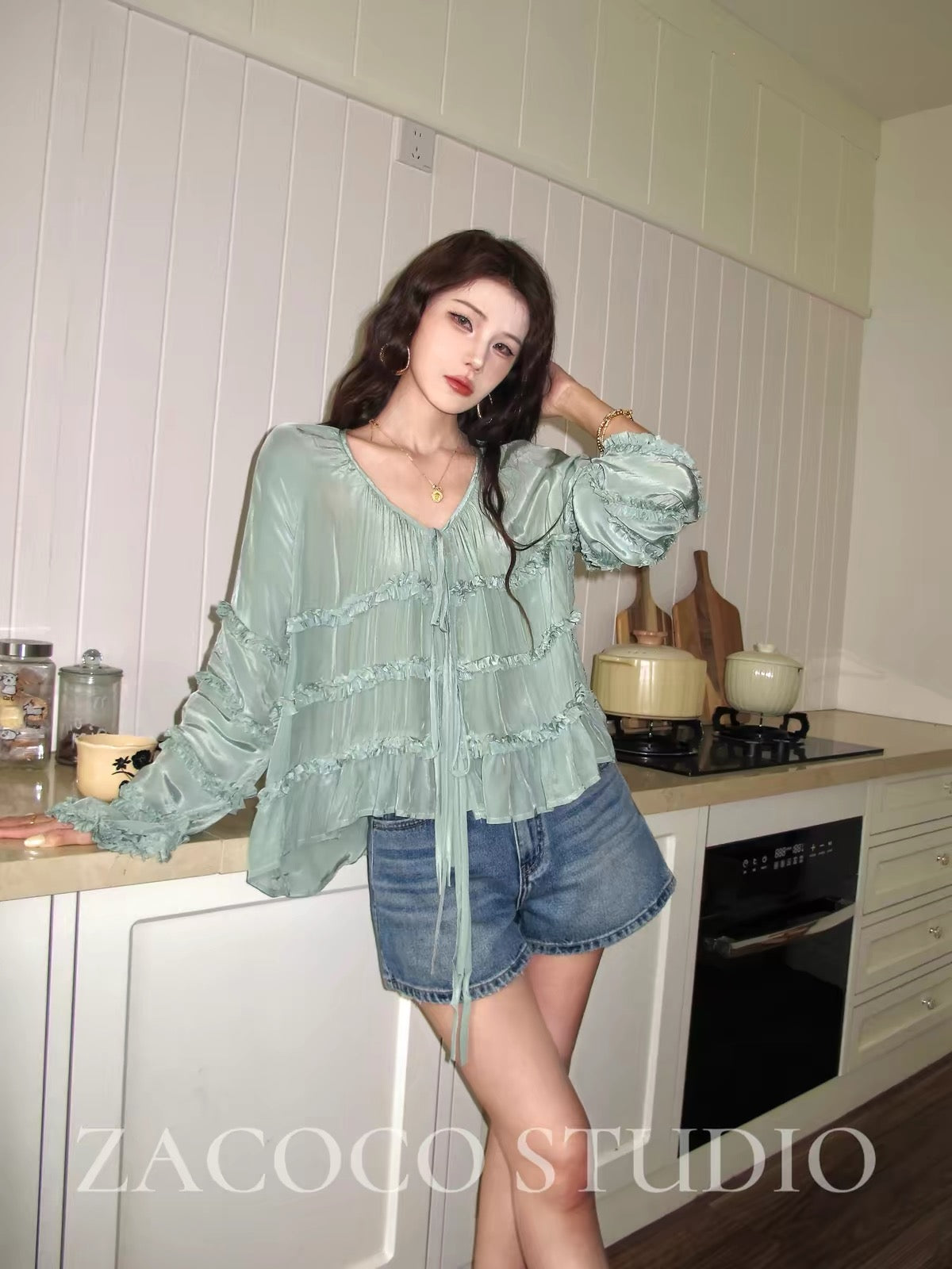 ZACOCO French-style green ruffled sun-protection shirt for women – 2026 new summer arrival featuring a sophisticated, stylish design.