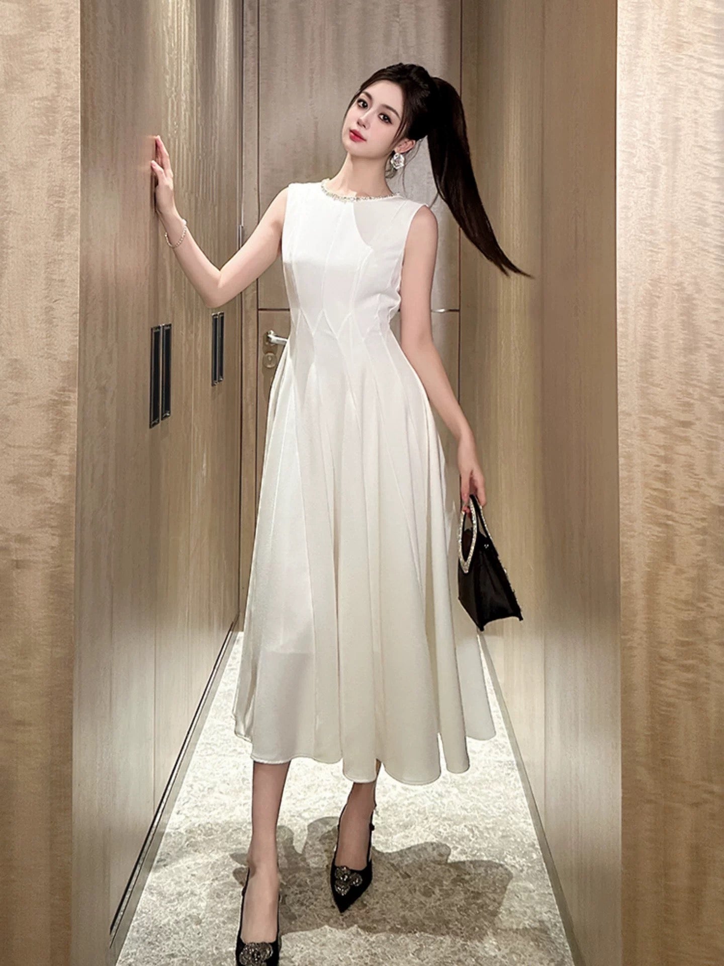 9779 French high-end temperament dress skirt women's summer new style sleeveless waist white dress long skirt