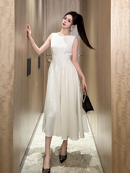 9779 French high-end temperament dress skirt women's summer new style sleeveless waist white dress long skirt