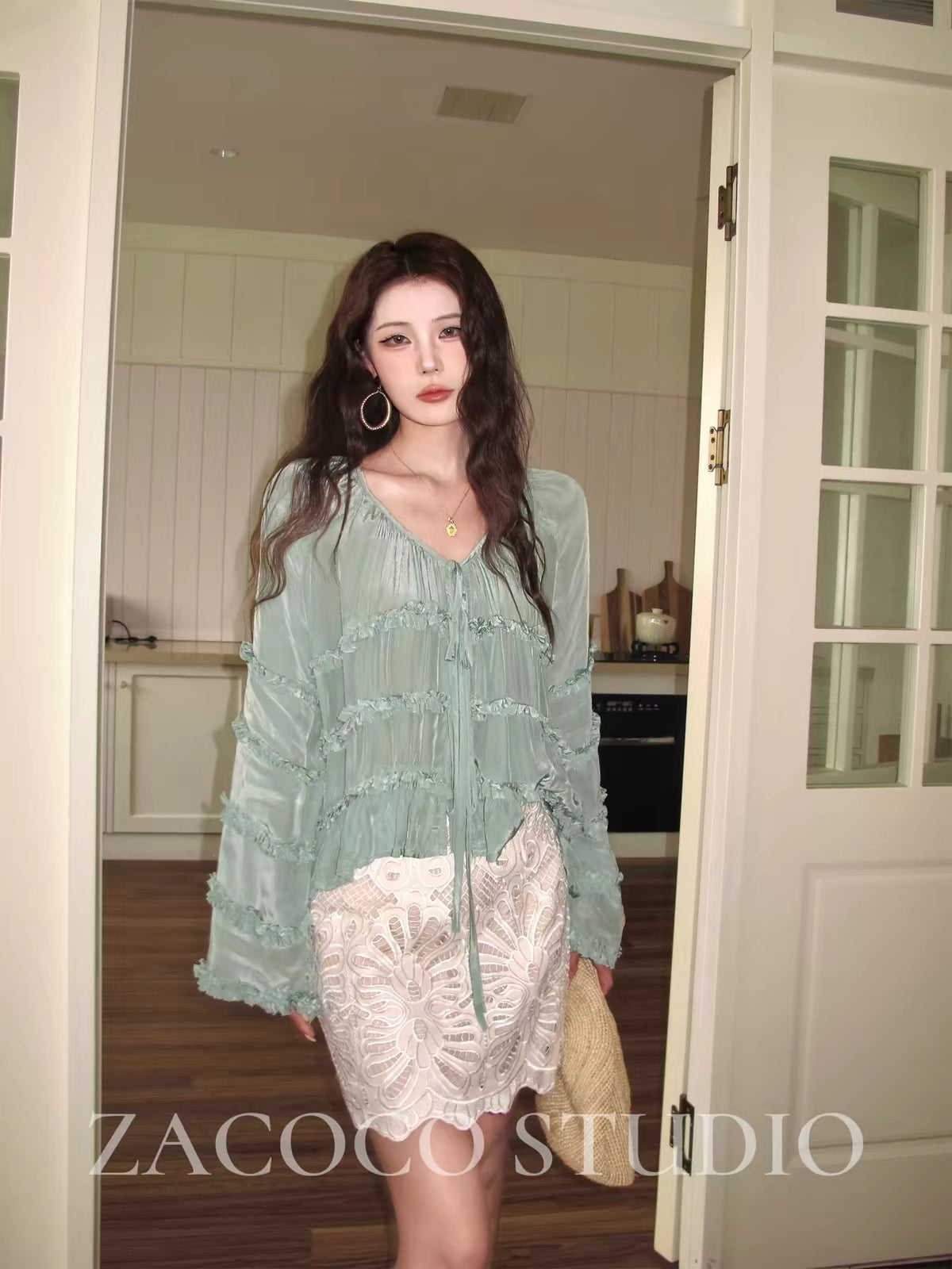 ZACOCO French-style green ruffled sun-protection shirt for women – 2026 new summer arrival featuring a sophisticated, stylish design.