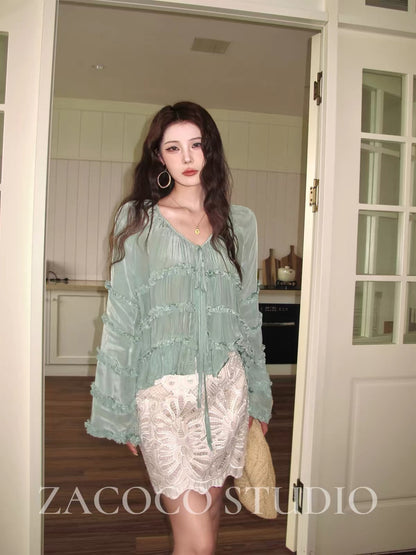 ZACOCO French-style green ruffled sun-protection shirt for women – 2026 new summer arrival featuring a sophisticated, stylish design.