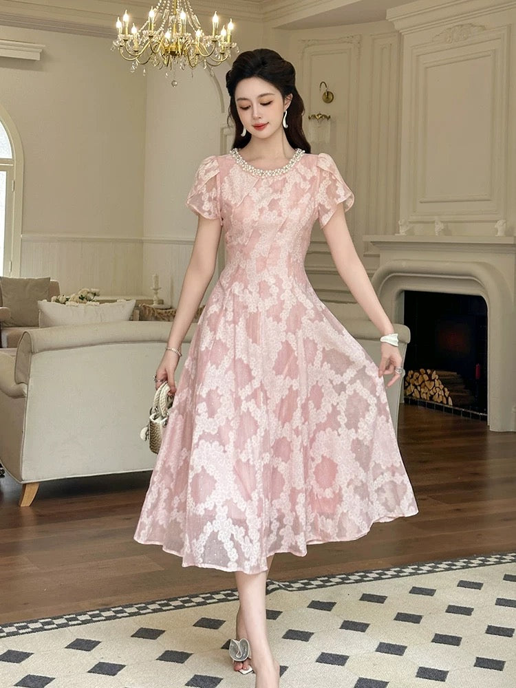 Summer dresses are very beautiful. Women's beaded round neck fashion print light luxury lady high-end waist slimming dress