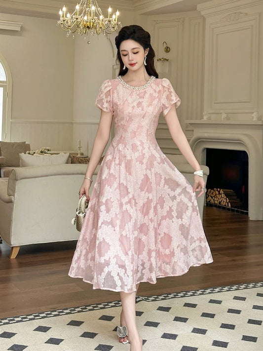 Summer dresses are very beautiful. Women's beaded round neck fashion print light luxury lady high-end waist slimming dress