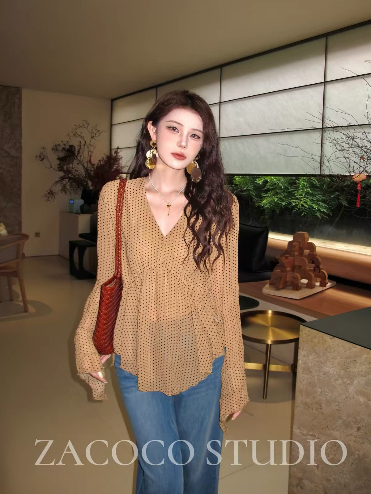 ZACOCO Women's Summer French-Style Polka-Dot V-Neck Long-Sleeve Shirt – 2026 New Design, Sophisticated & Youthful-Look Top