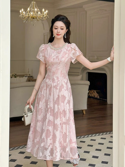 Summer dresses are very beautiful. Women's beaded round neck fashion print light luxury lady high-end waist slimming dress
