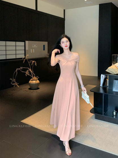 Ling Qian Zihe Rouge Huali Pink Off-Shoulder Dress Women's Spring/Summer High-End French Style Full Skirt