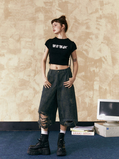 EZEK design ripped washed jeans women's American retro straight-leg loose high-end popular wide-leg pants