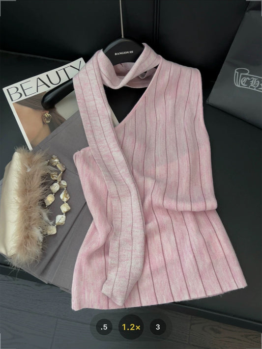 Yu Shuxin same style striped halter neck camisole vest female ribbon scarf design sense summer sweet and spicy style off-shoulder top