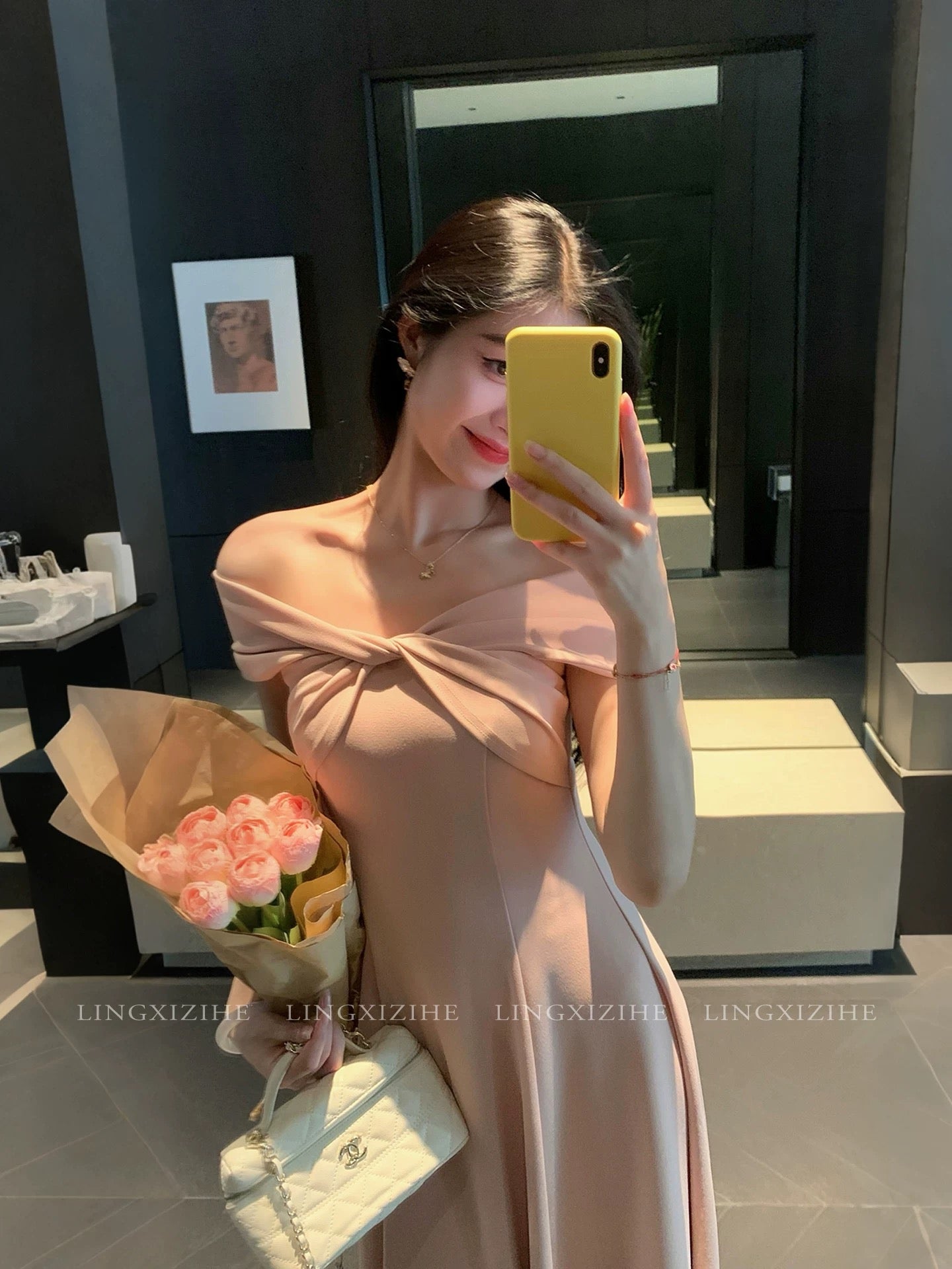 Ling Qian Zihe Rouge Huali Pink Off-Shoulder Dress Women's Spring/Summer High-End French Style Full Skirt