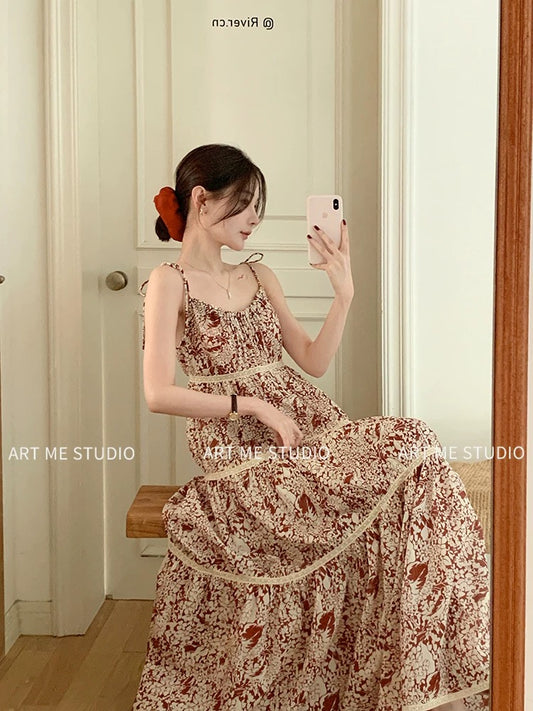 ARTME Guagua Pure Cotton Patchwork V-Neck Sleeveless Camisole Dress Women's Summer Atmosphere A-Line Slim Waist Floral Dress