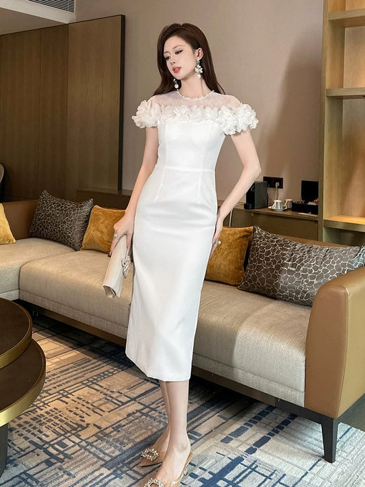 Summer super beautiful flower dress high-end temperament celebrity goddess style high-end feeling hip-wrapped white long skirt