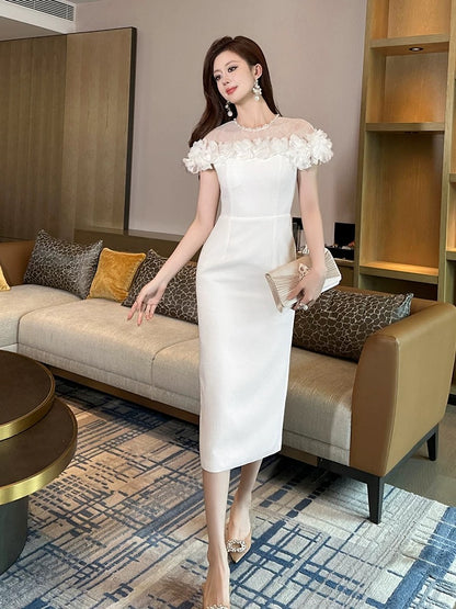 Summer super beautiful flower dress high-end temperament celebrity goddess style high-end feeling hip-wrapped white long skirt