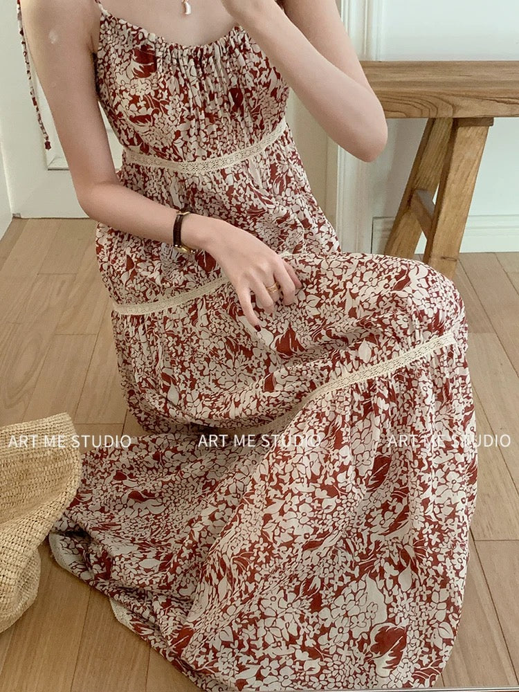 ARTME Guagua Pure Cotton Patchwork V-Neck Sleeveless Camisole Dress Women's Summer Atmosphere A-Line Slim Waist Floral Dress