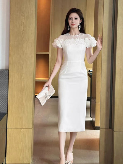 Summer super beautiful flower dress high-end temperament celebrity goddess style high-end feeling hip-wrapped white long skirt