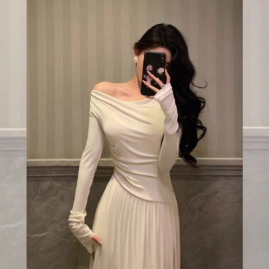 Godfrey Off-the-Shoulder White Swing Collar Dress Women's Autumn French Style Slimming Back Tie Waist Long Dress