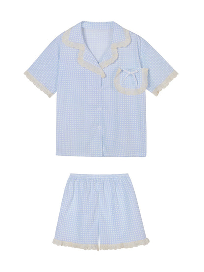 Xinbangbang Homedress thin lace plaid short-sleeved pajamas for women summer loose and comfortable home wear set