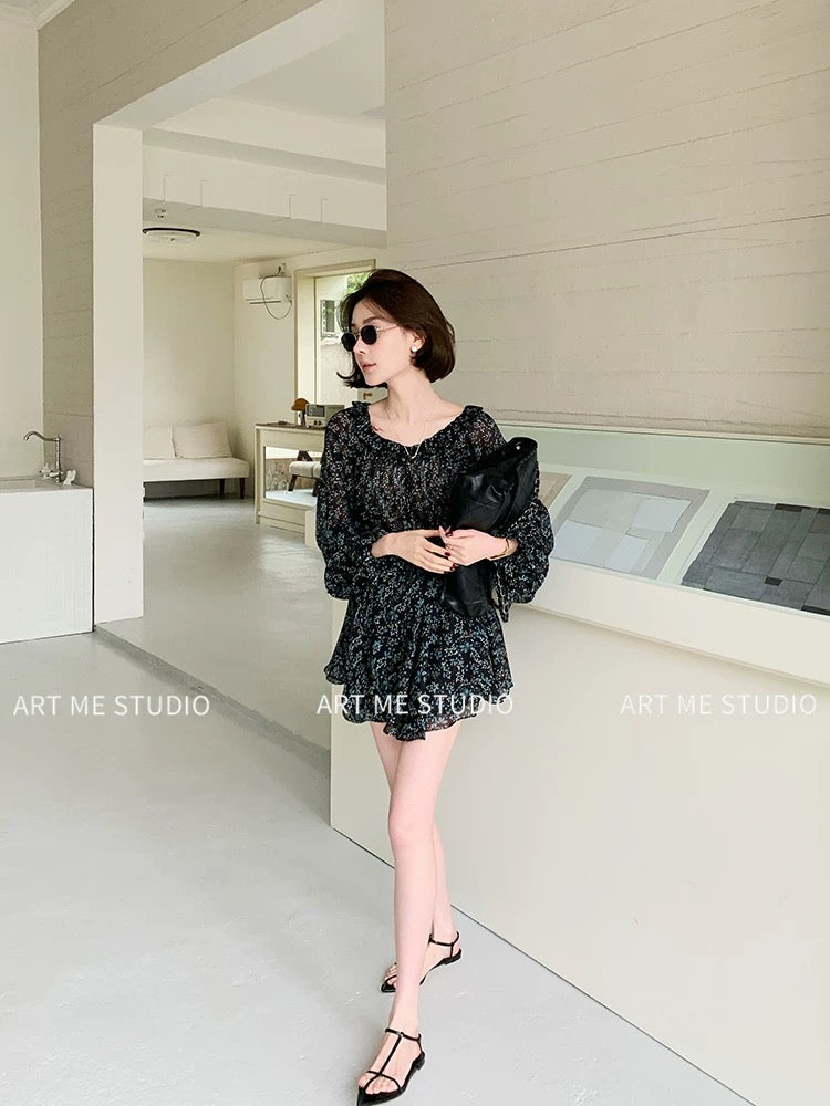 【ART ME】Stunning Meteor Flower Dress with Gathered Waist and Slim Fit (w10265j1r)