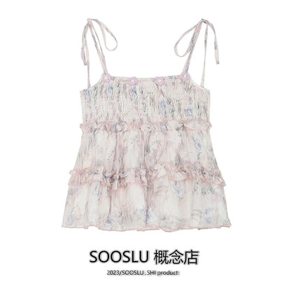SOOSLU floral camisole women's summer design niche fungus sweet and spicy pure desire short top