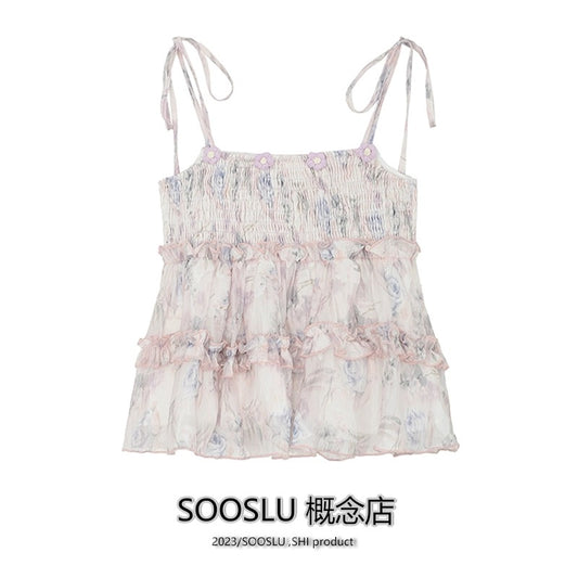 SOOSLU floral camisole women's summer design niche fungus sweet and spicy pure desire short top