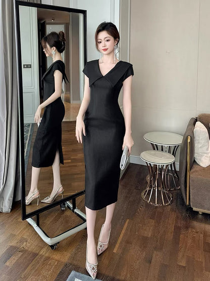 Black Hepburn style lapel dress for women summer 2025 new style high-end temperament waist slim mid-length skirt