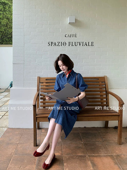 ARTME Guagua Denim Herringbone Waist-cinching Dress for Women, Summer Commuter Style, Puff Sleeve, Lapel, Mid-length Skirt