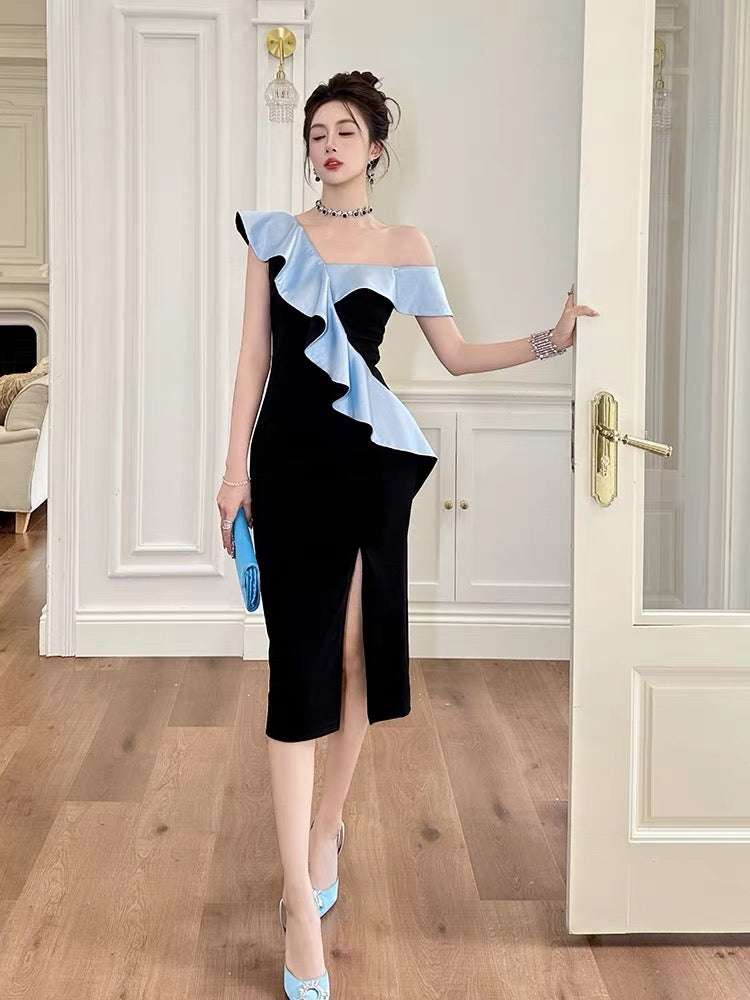 One-shoulder purple ruffle dress for women, high-end summer design, slim-fitting, hip-wrapped, slit long skirt