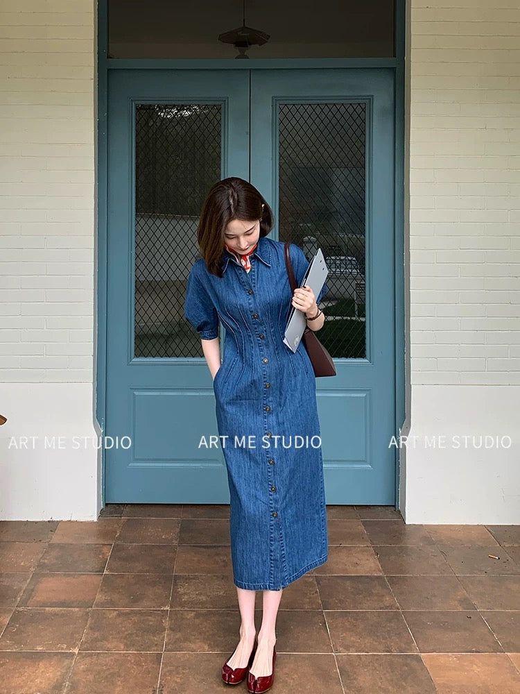 ARTME Guagua Denim Herringbone Waist-cinching Dress for Women, Summer Commuter Style, Puff Sleeve, Lapel, Mid-length Skirt