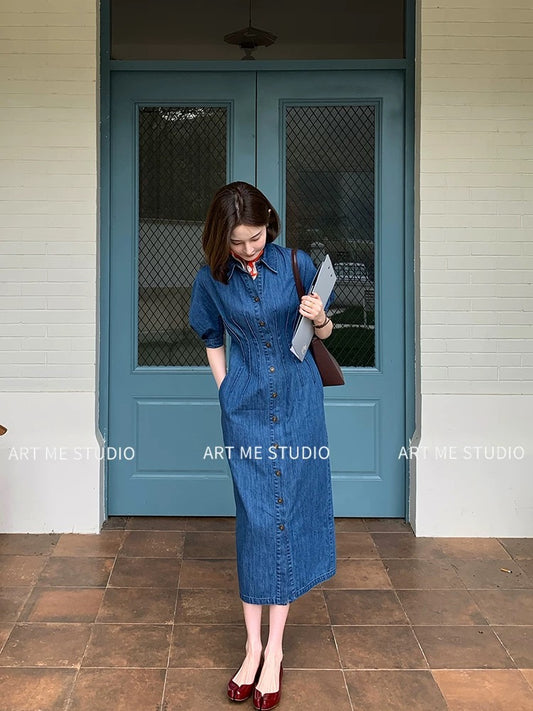 ARTME Guagua Denim Herringbone Waist-cinching Dress for Women, Summer Commuter Style, Puff Sleeve, Lapel, Mid-length Skirt