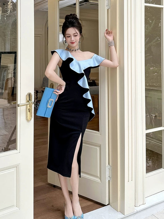 One-shoulder purple ruffle dress for women, high-end summer design, slim-fitting, hip-wrapped, slit long skirt