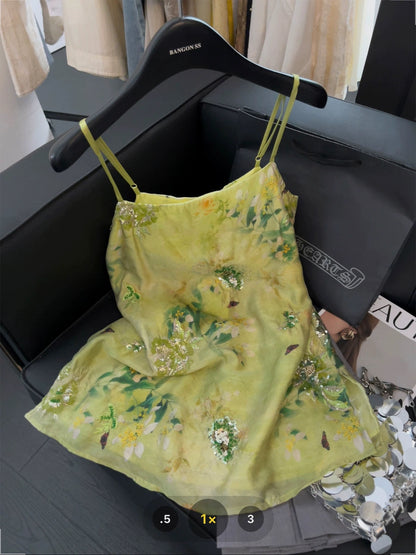 Chinese style printed camisole vest for women with heavy sequin embroidery, high-end 2025 summer cool and gentle style top