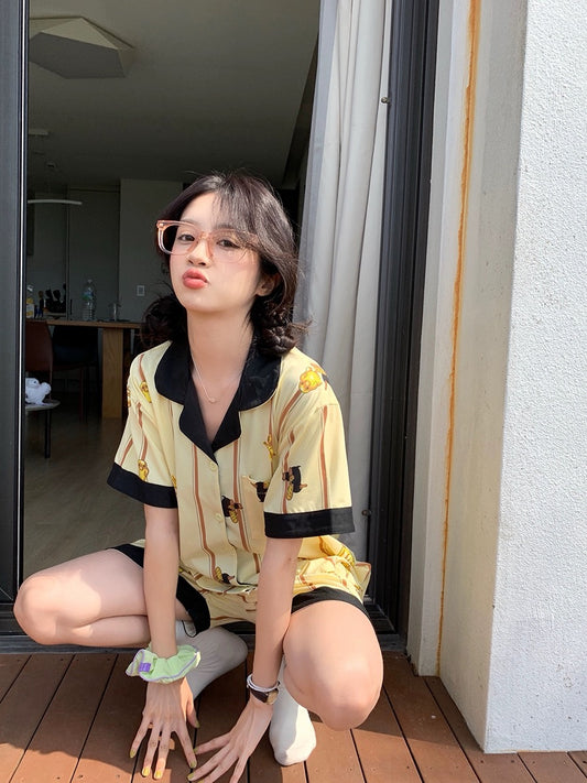 Xinbangbang Homedress contrasting color cartoon animal striped pajamas for girls summer students can wear outside home clothes set