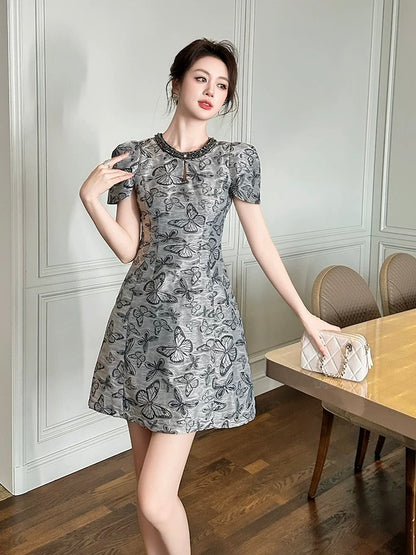 French style jacquard dress for women 2025 summer retro temperament slim round neck short sleeve waist A-line skirt