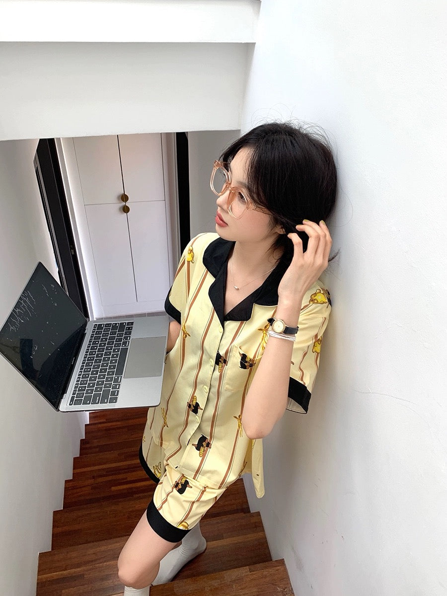 Xinbangbang Homedress contrasting color cartoon animal striped pajamas for girls summer students can wear outside home clothes set
