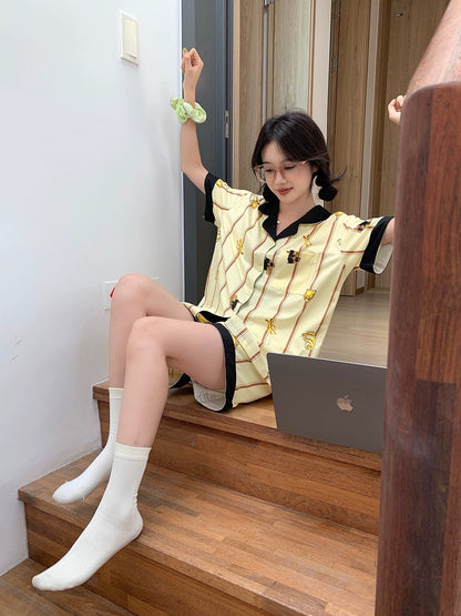 Xinbangbang Homedress contrasting color cartoon animal striped pajamas for girls summer students can wear outside home clothes set