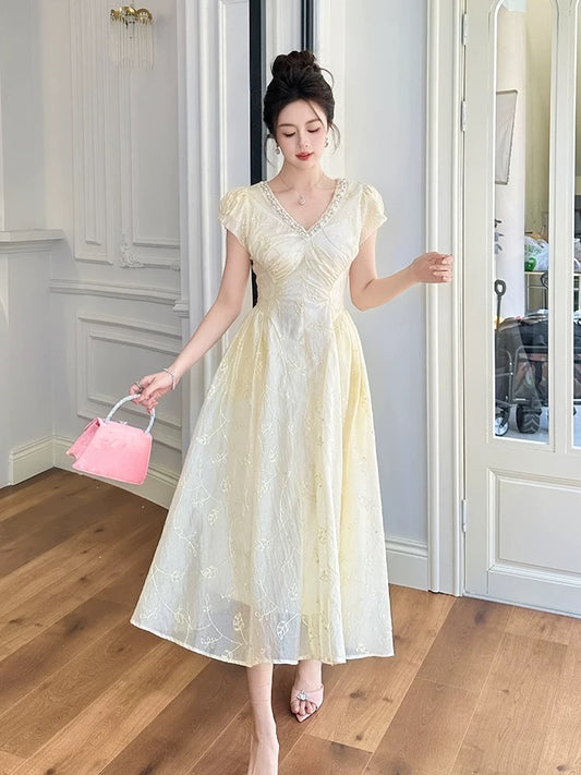 Summer temperament socialite goddess Fan Chaoxian V-neck long dress high-end exquisite formal occasion Tencel embroidered dress