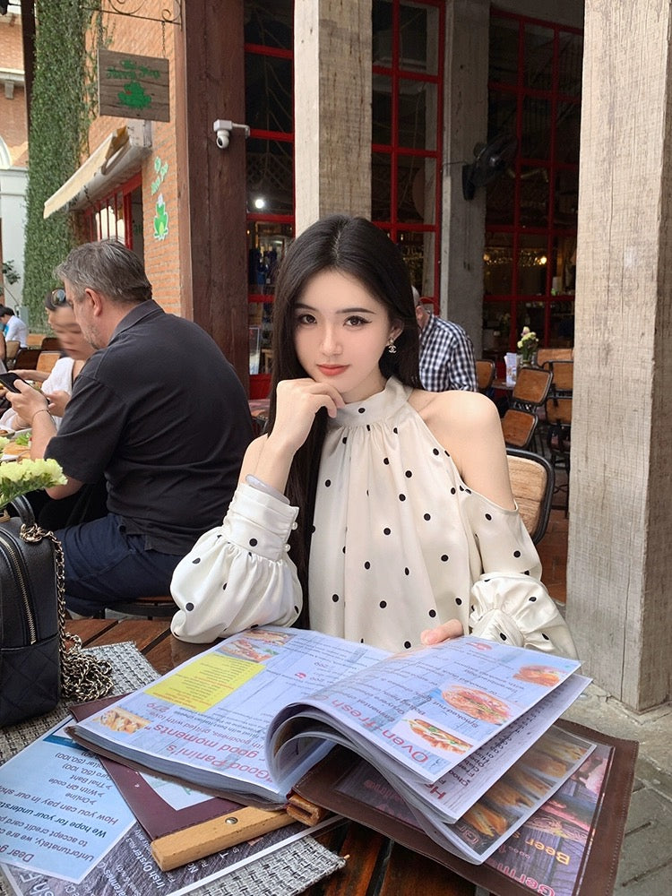 famouswang2024 spring new style [temperament beauty] pearlescent satin halter neck shoulder polka dot shirt top