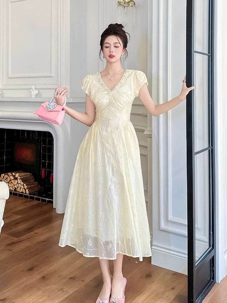 Summer temperament socialite goddess Fan Chaoxian V-neck long dress high-end exquisite formal occasion Tencel embroidered dress