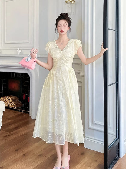 Summer temperament socialite goddess Fan Chaoxian V-neck long dress high-end exquisite formal occasion Tencel embroidered dress