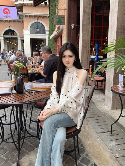 famouswang2024 spring new style [temperament beauty] pearlescent satin halter neck shoulder polka dot shirt top