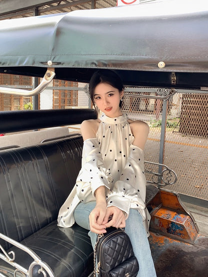 famouswang2024 spring new style [temperament beauty] pearlescent satin halter neck shoulder polka dot shirt top