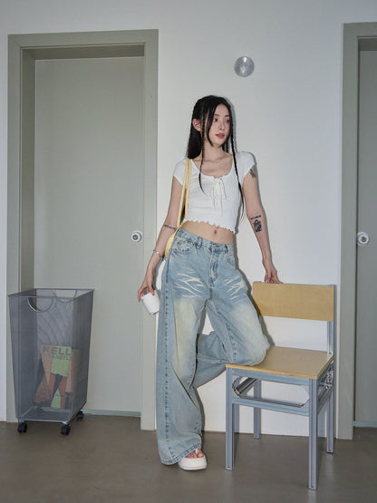 Chaochao's Retro Light Blue Wide-Leg Jeans for Women, Summer 2025, Elegant Loose Fit, Straight Leg Casual Pants