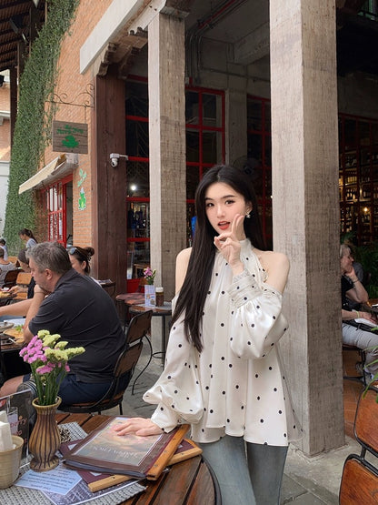 famouswang2024 spring new style [temperament beauty] pearlescent satin halter neck shoulder polka dot shirt top