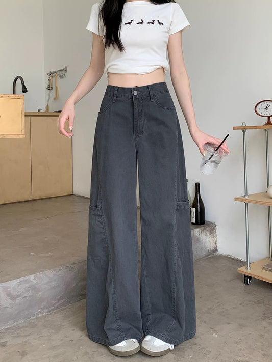 American retro new washed jeans women summer hot girl high waist loose gray straight pants overalls trousers