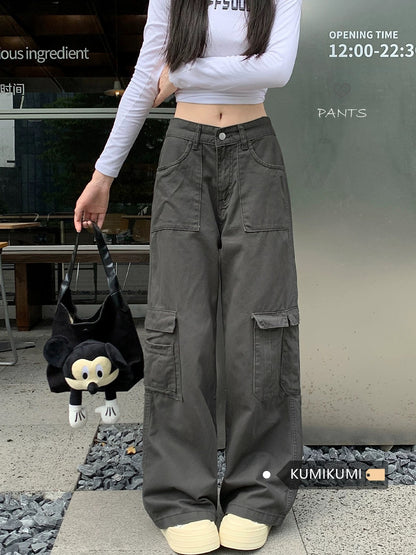Kumikumi retro loose washed jeans overalls women's early spring drape straight pants wide-leg pants mopping pants