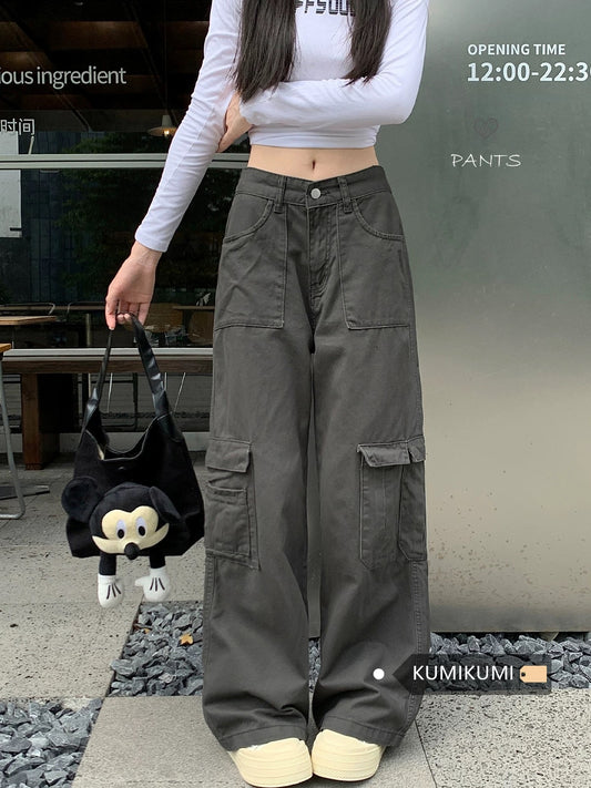 Kumikumi retro loose washed jeans overalls women's early spring drape straight pants wide-leg pants mopping pants