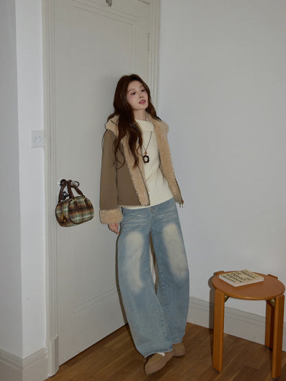 Chaochao's Blue Distressed Jeans for Women, 2025 Autumn/Winter, High-Waisted, Loose Fit, Casual, Straight Leg Wide-Leg Pants