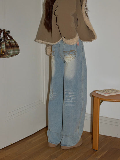 Chaochao's Blue Distressed Jeans for Women, 2025 Autumn/Winter, High-Waisted, Loose Fit, Casual, Straight Leg Wide-Leg Pants